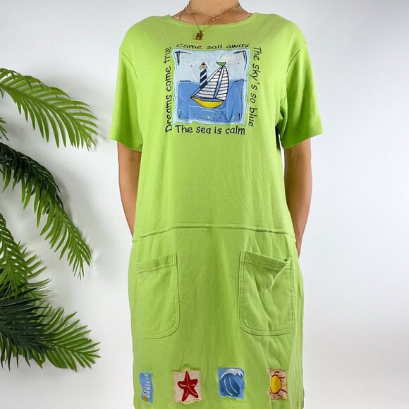 Vintage 90s Lime Green Nautical Graphic Casual Beachy Dress With Pockets /Medium - Picture 4 of 6